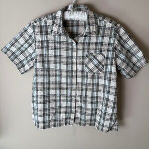 Vintage Erika Seersucker Button Down Shirt Womens Petite XL Tan Plaid Top 90s
